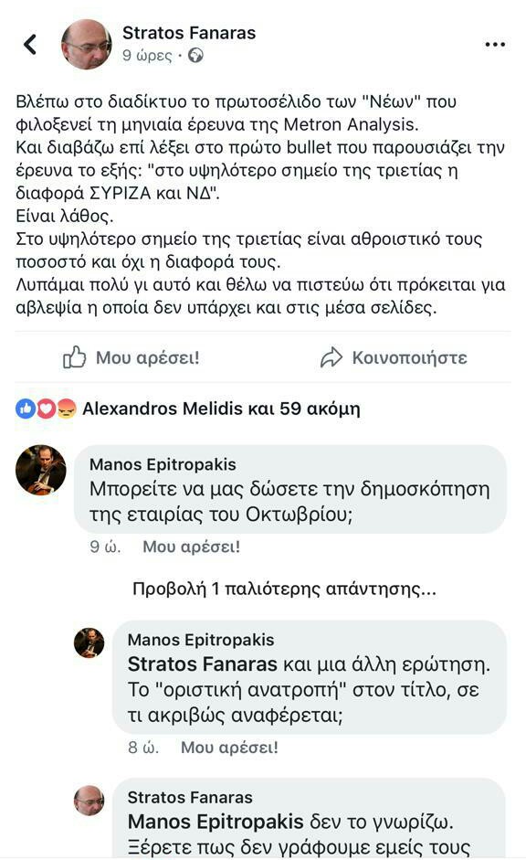 Αιχμές Φαναρά για τη δημοσκόπηση της Metron Analysis στα “Νέα”- Τι επισημαίνει ο δημοσκόπος