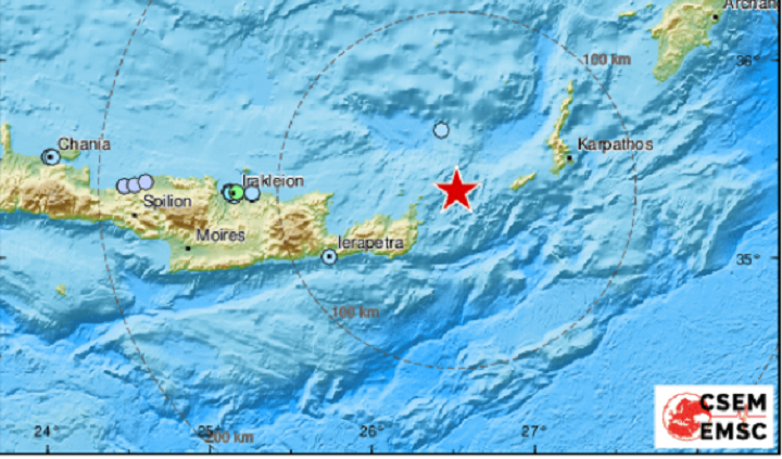 Ισχυρός σεισμός 5,3 Ρίχτερ μεταξύ Κρήτης και Καρπάθου