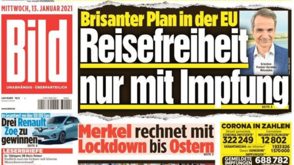 Η Bild επικροτεί την πρόταση Μητσοτάκη για πιστοποιητικό εμβολιασμού- Θεοχάρης: Δεν θα είναι προϋπόθεση για να ταξιδεύουμε- Ανοίγει η συζήτηση στην Ε.Ε