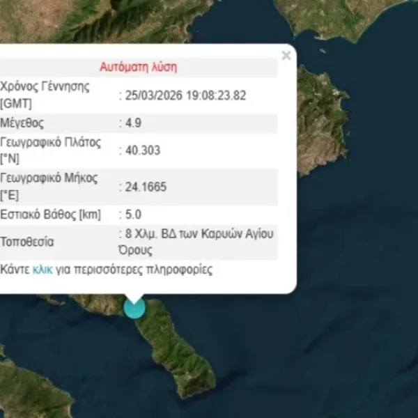 Σεισμός 4,9 Ρίχτερ στο Άγιο Όρος – Αισθητός σε Θεσσαλονίκη και Σποράδες