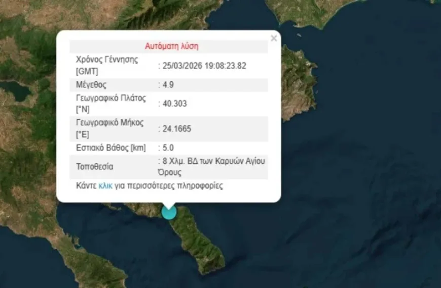 Σεισμός 4,9 Ρίχτερ στο Άγιο Όρος – Αισθητός σε Θεσσαλονίκη και Σποράδες